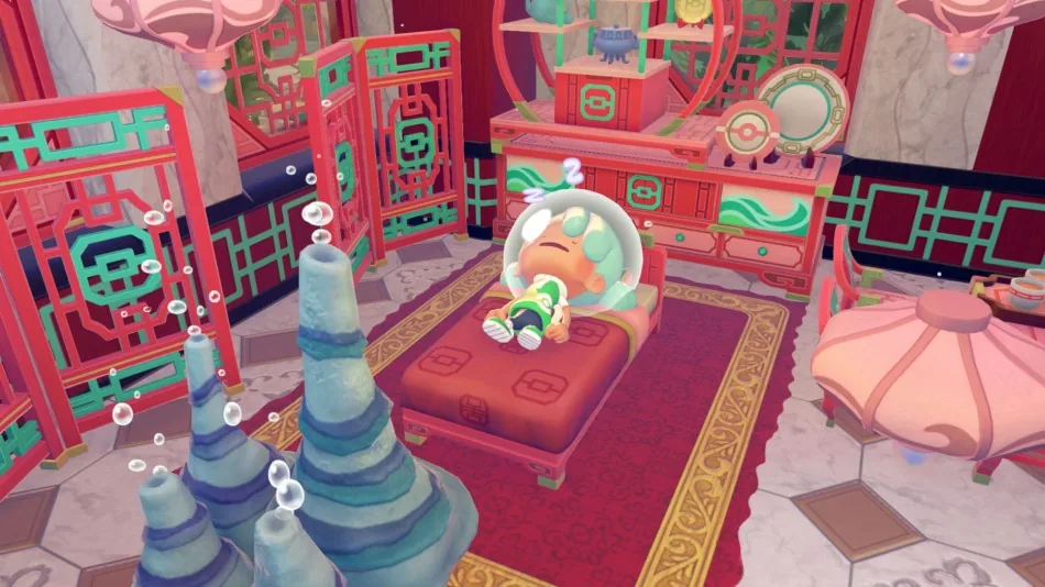 Pokémon sleeping in a colorful furnished underwater room