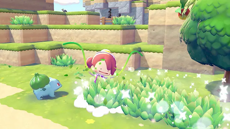 Ditto using Leafage beside Bulbasaur and a tree
