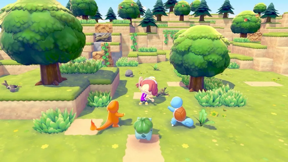 Ditto gathers items in a grassy area with Bulbasaur, Charmander and Squirtle