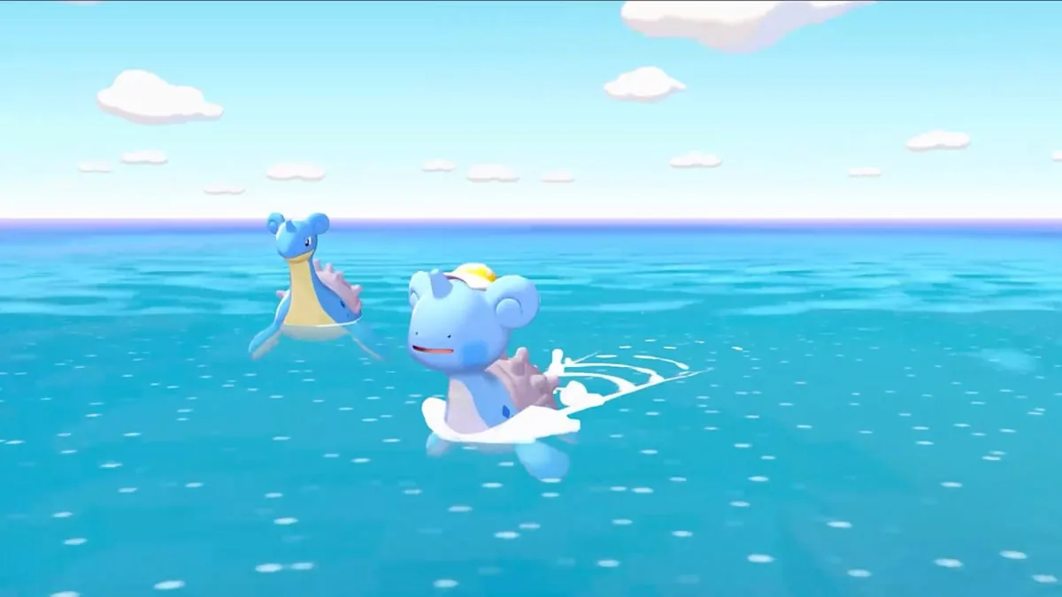 Lapras swimming through Pokopia water