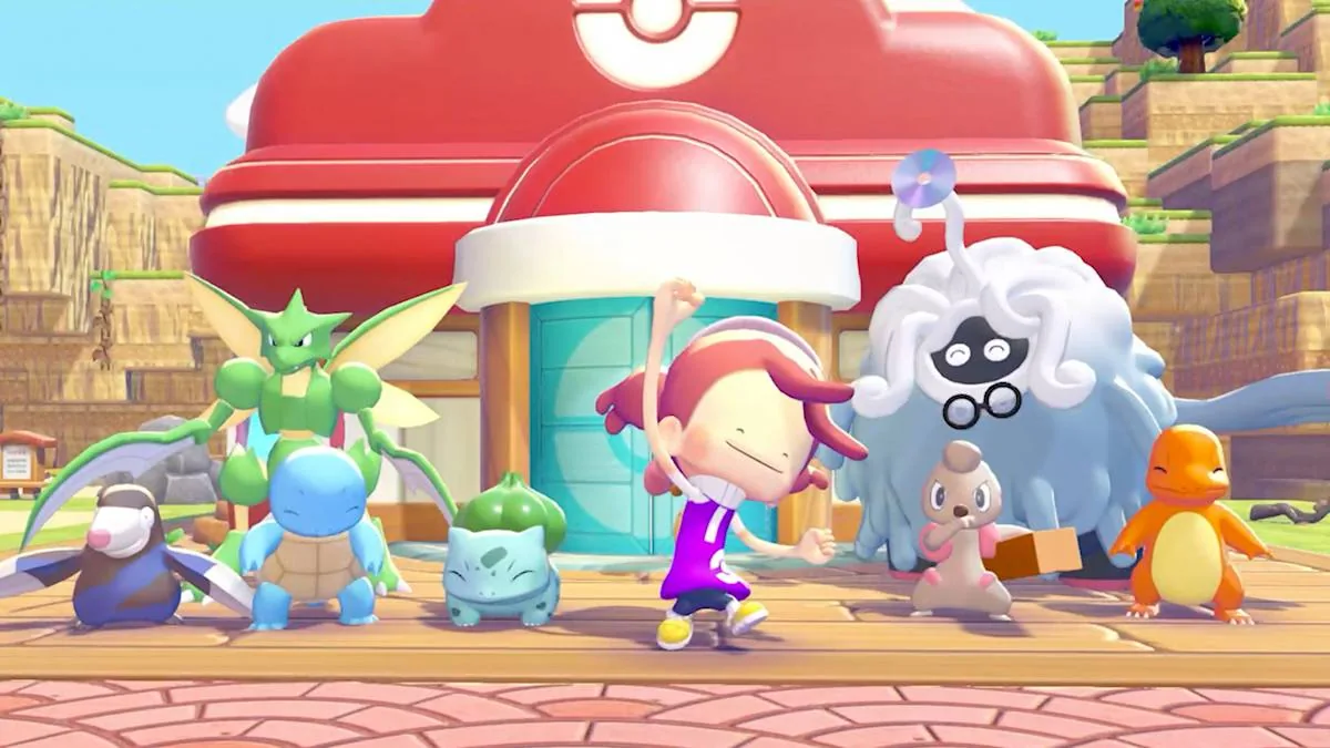 Pokémon gathered outside a restored Pokémon Center